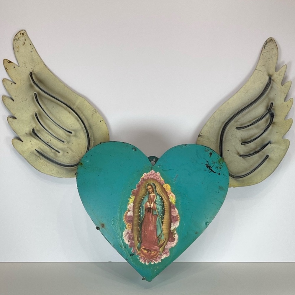 Rustic tin metal heart with wings, Our Lady of Guadalupe